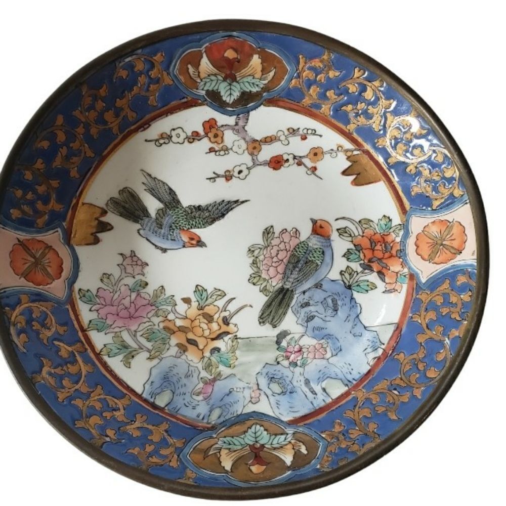 Handpainted Brass Base Asian Bowl